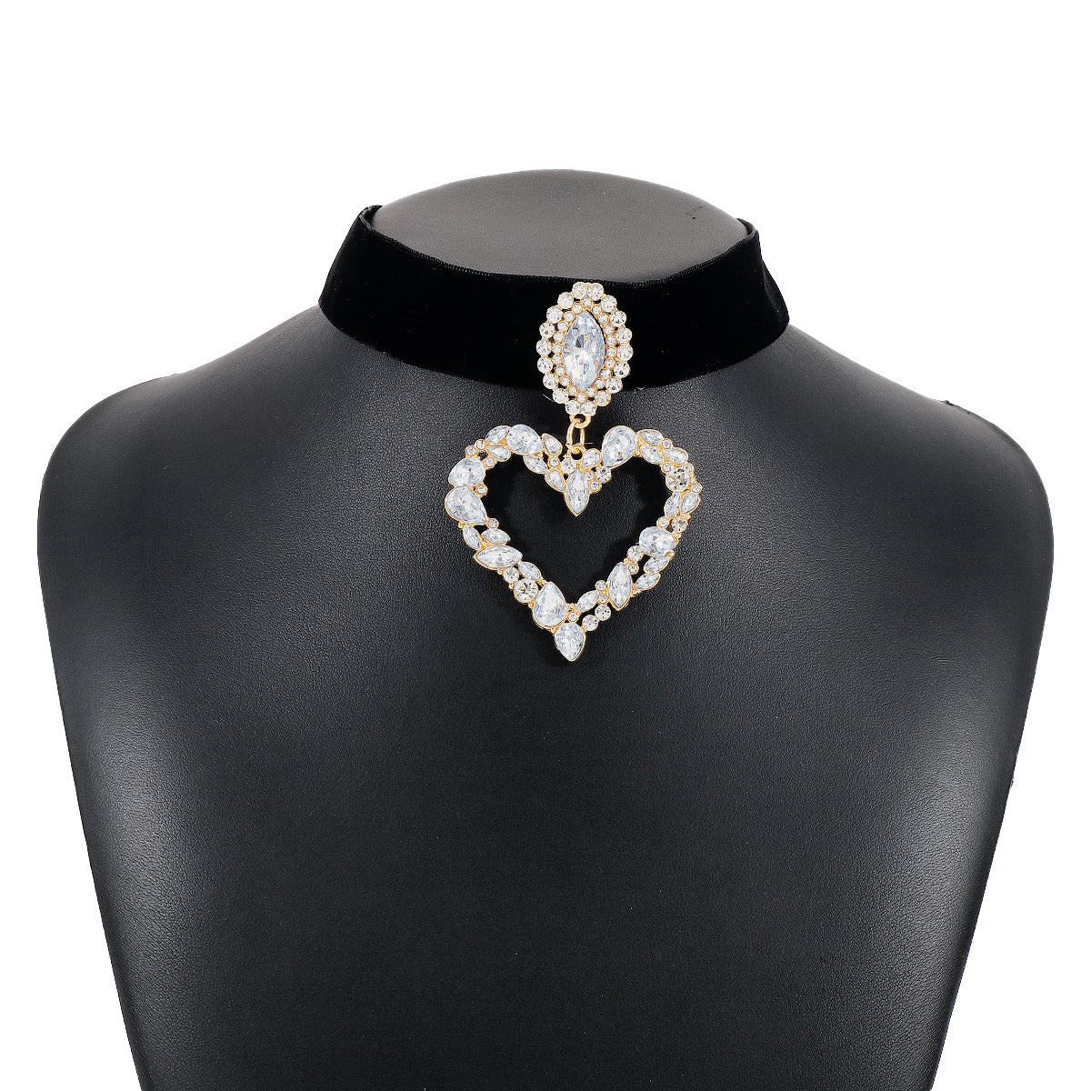 Collana girocollo da donna in lega e tessuto intarsiata con strass a forma di cuore, stile dolce e grintoso