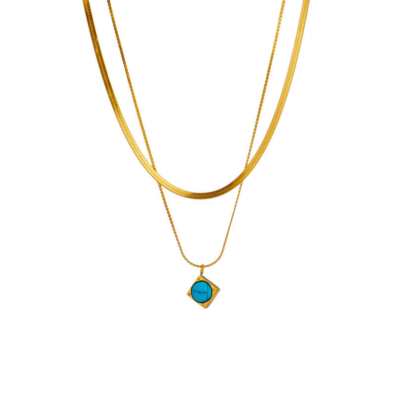 Vintage Fashionable Two-Tier Titanium Steel Necklace with Turquoise Square Pendant and Plated Finish