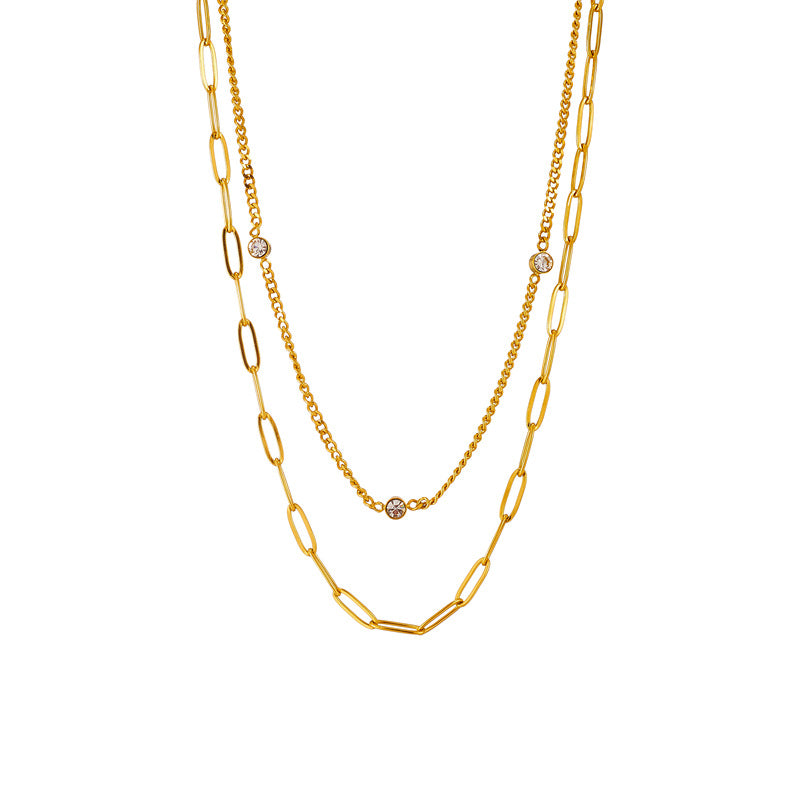 Minimalist Geometric Double-Layer Rhinestone-Embellished Titanium Steel Hip-Hop Punk Necklace for Women
