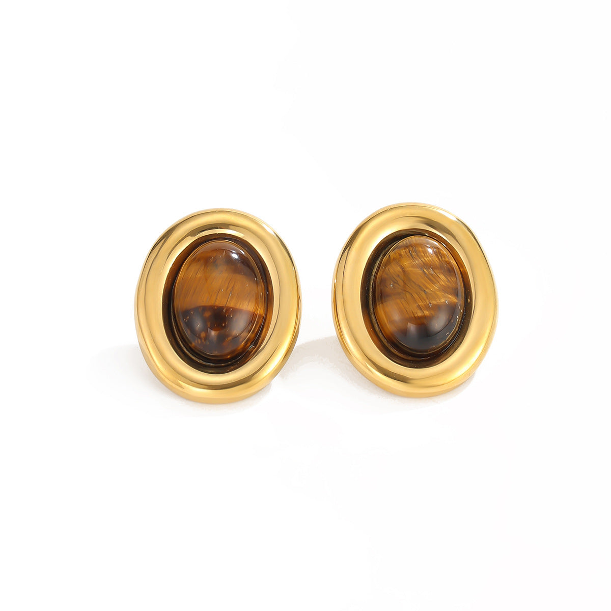 Vintage 18K Gold Plated Stainless Steel Oval Tiger Eye Stud Earrings for Women