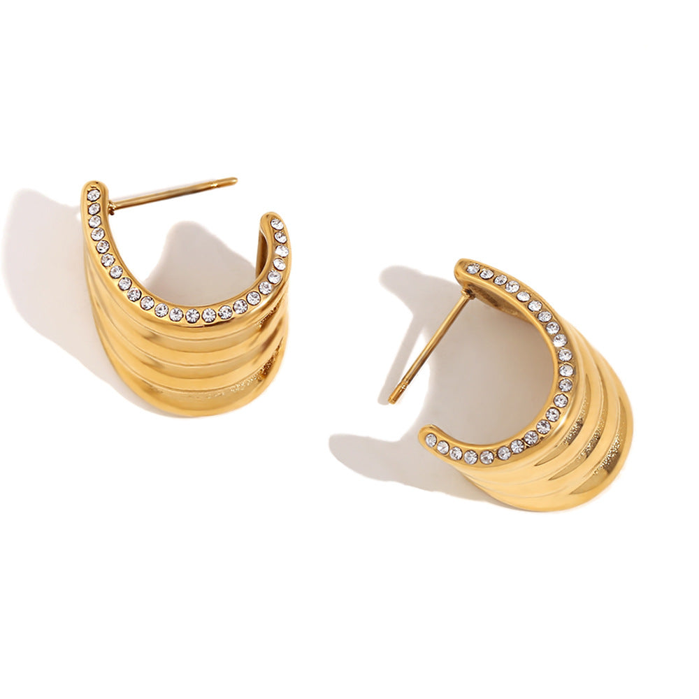 Fashionable Geometric Stainless Steel Earrings with 18K Gold Plating and Micro-Paved Rhinestone Wave-Edge Design for Women