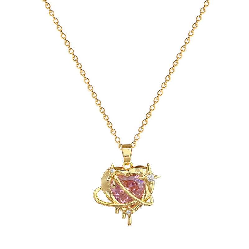Minimalist Heart and Starburst Pendant Necklace in Titanium Steel with Rhinestones for Women Lightweight Clavicle Chain