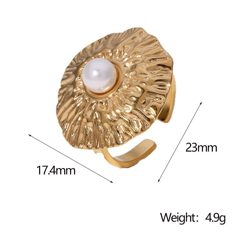 Minimalist Geometric Stainless Steel Ring for Women with 18K Gold Plating and Textured Pleated Detail