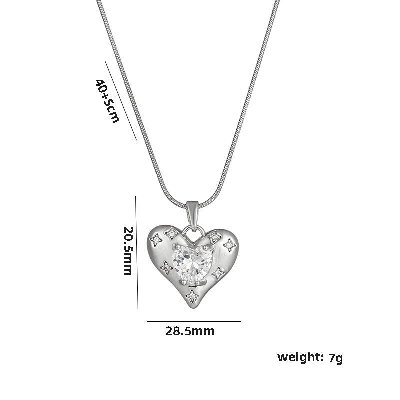 Fashionable Heart-Shaped Titanium Steel Pendant Necklace with Micro-Paved Zirconia on Snake Chain for Women