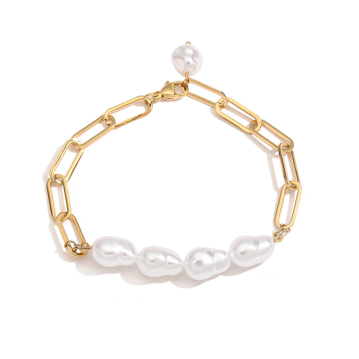 Minimalist Bohemian Geometric Gold Plated Stainless Steel Bracelet with Irregular Pearl for Women