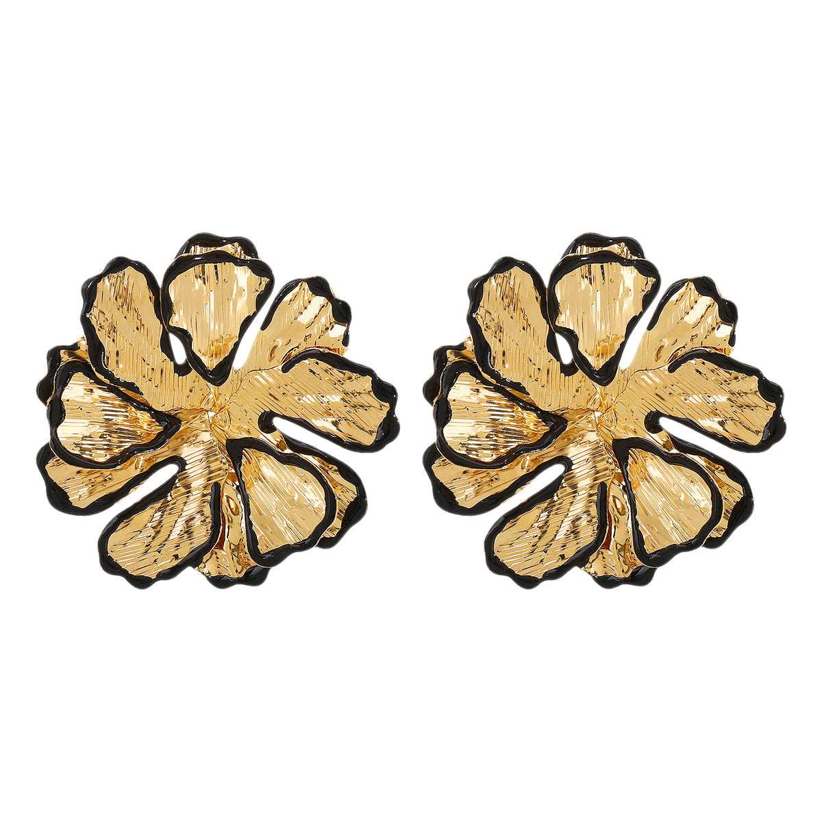 Pendientes de botón florales retro vintage con pétalos de borde negro, hierro y acero inoxidable