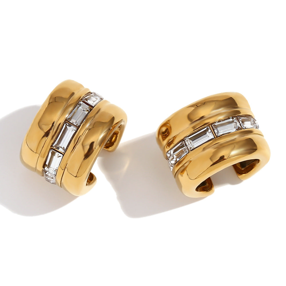 Fashionable Geometric Stainless Steel 18K Gold Plated Micro-Paved Rhinestone Clip-On Earrings for Women