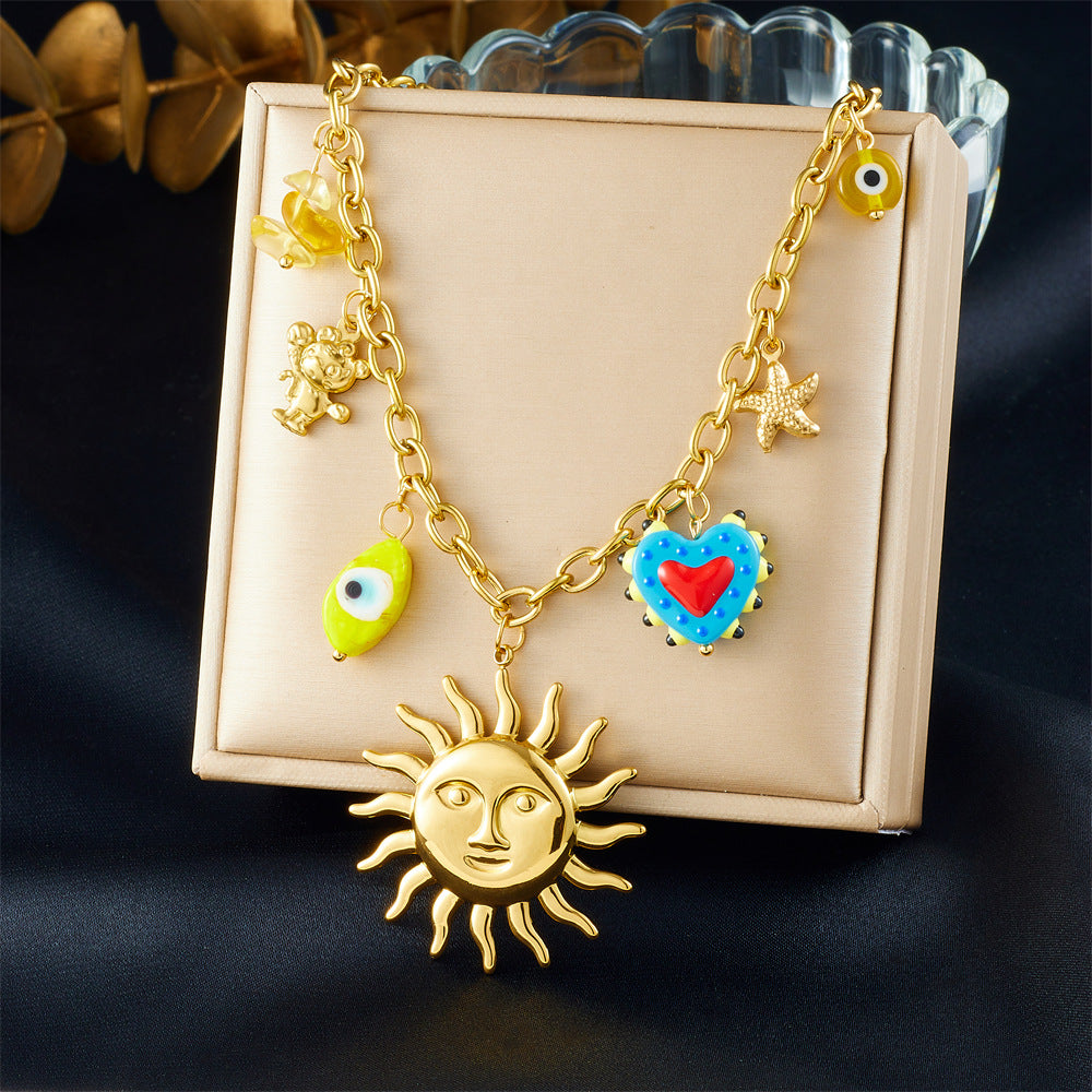 Chic Gold Plated Drip Oil Heart Floral Star Round Stainless Steel Pendant Necklace for Women
