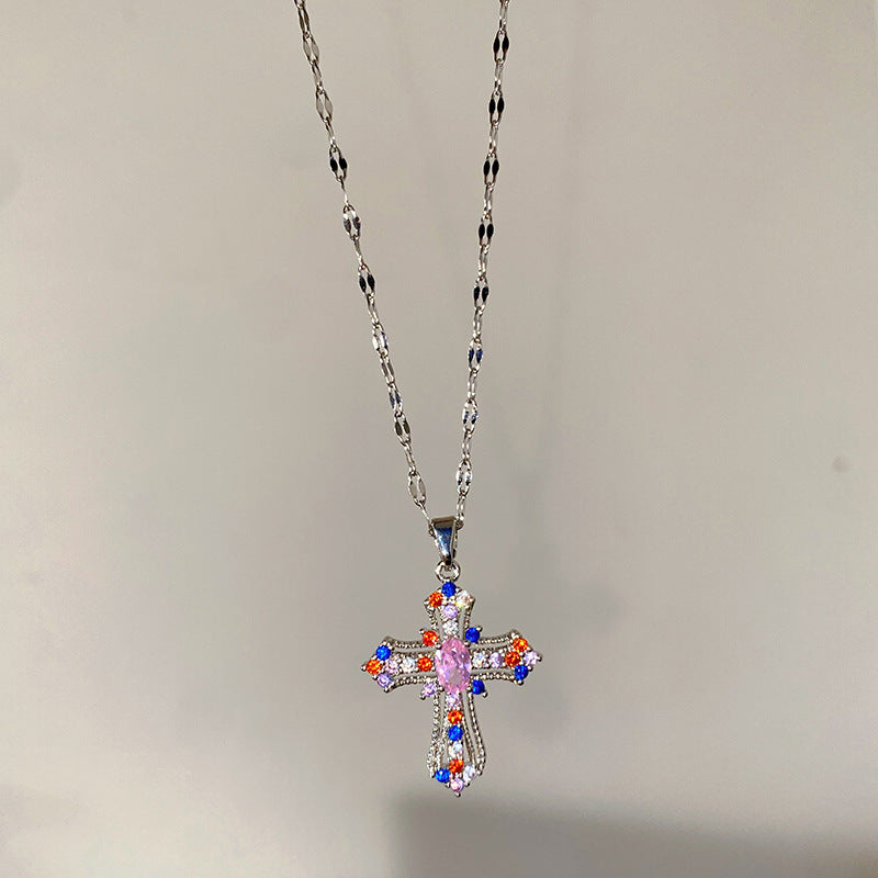 Minimalist Colorful Rhinestone Cross Titanium Steel Necklace for Unisex