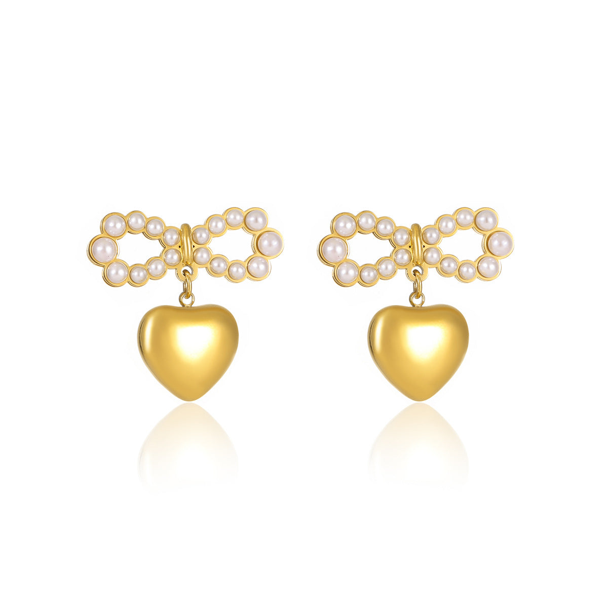 Elegant Bowknot Pearl Heart Pendant Stud Earrings in Stainless Steel with 18K Gold Plating