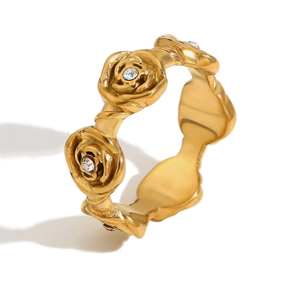 Vintage Fashion Geometric Rose Stainless Steel 18K Gold Plated Ring for Women