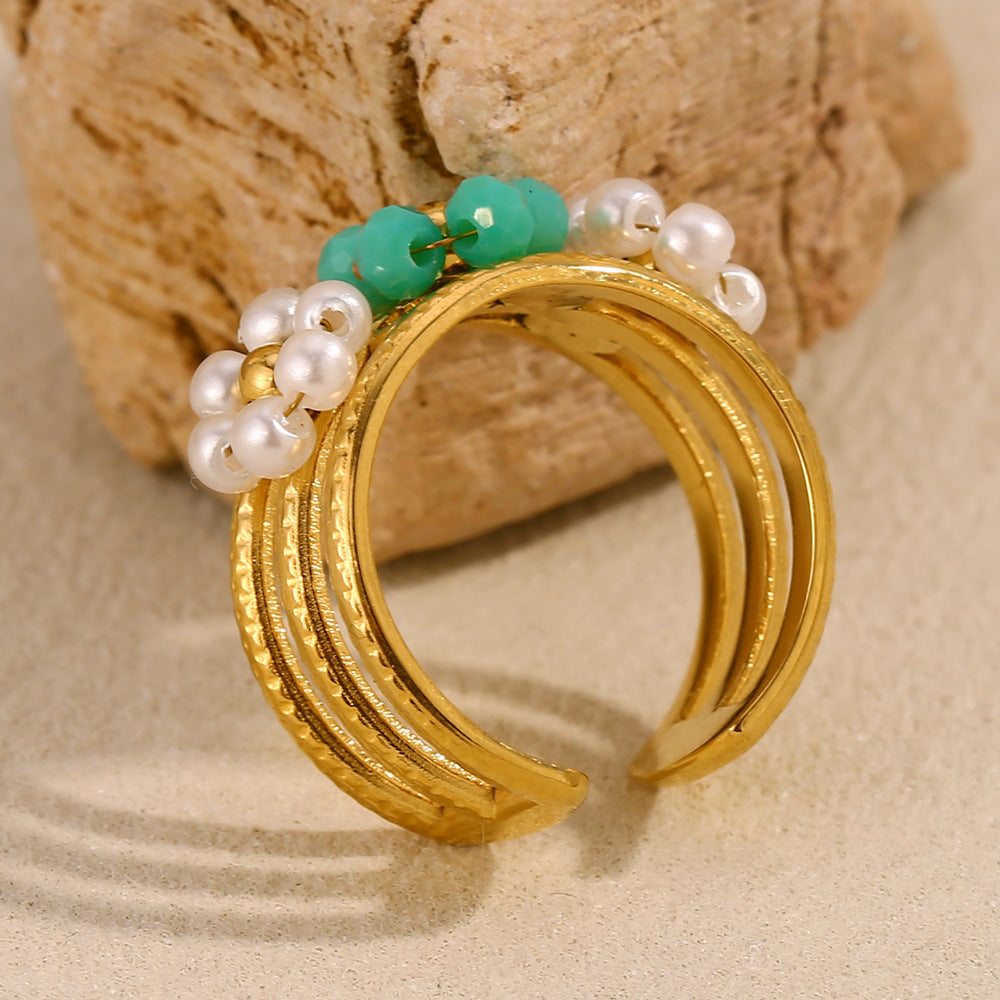Bohemian Style Floral Geometric Stainless Steel Plated 18K Gold Adjustable Beaded Ring for Women