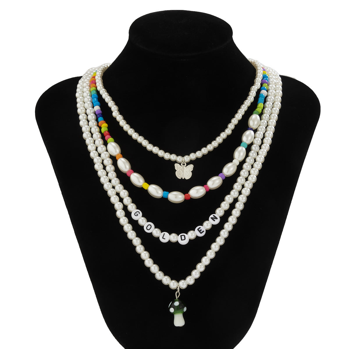 Collana con Pendente Fungo e Farfalla Stile Vintage con Ciondolo in Lega, Design Geometrico con Perline, Catena in Resina Plastica, Gioielli Stratificati di Ispirazione Bohemien per Donne