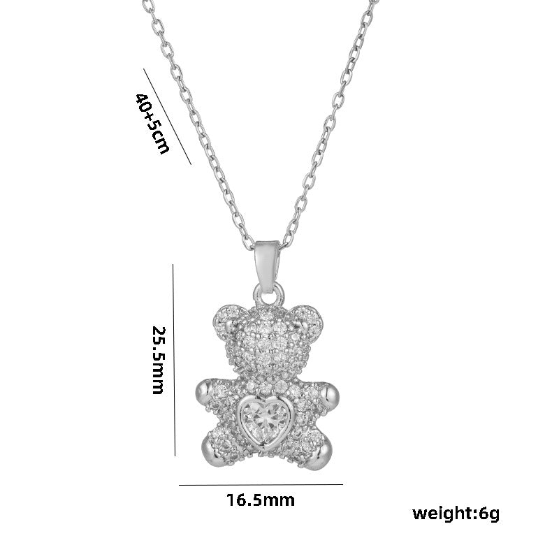 Graziosa collana con pendente a cuore d'orso per donna in acciaio al titanio con intarsio di strass, delicata catena a O, stile minimalista e dolce