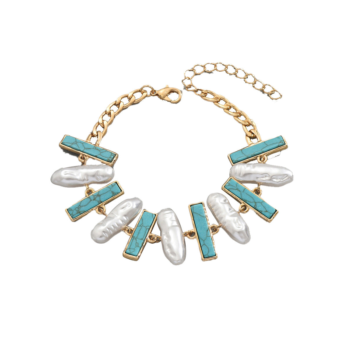 Geometric Women's Bracelet with Turquoise Inlay and Pearl Accents in Zinc Alloy for Fashionable Everyday Wear