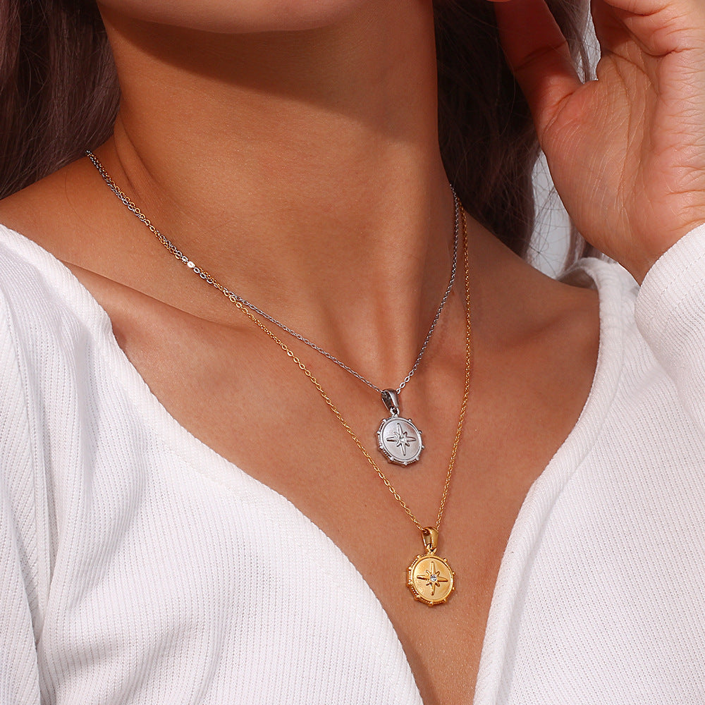 Minimalist Fashion Stainless Steel Octagram Round Nautical Compass Pendant Necklace for Women