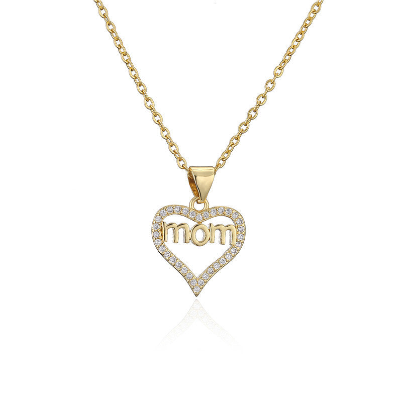 Gold Plated Brass Heart Letter Mom Pendant Necklace with Micro Inlay