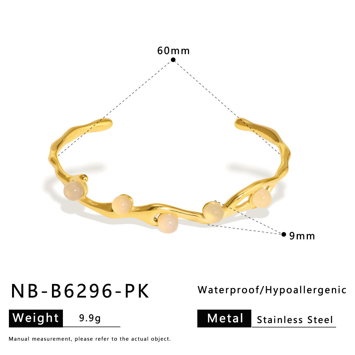 Bracciale aperto da donna in acciaio al titanio stile vintage con intarsio di pietra naturale e perle, design geometrico