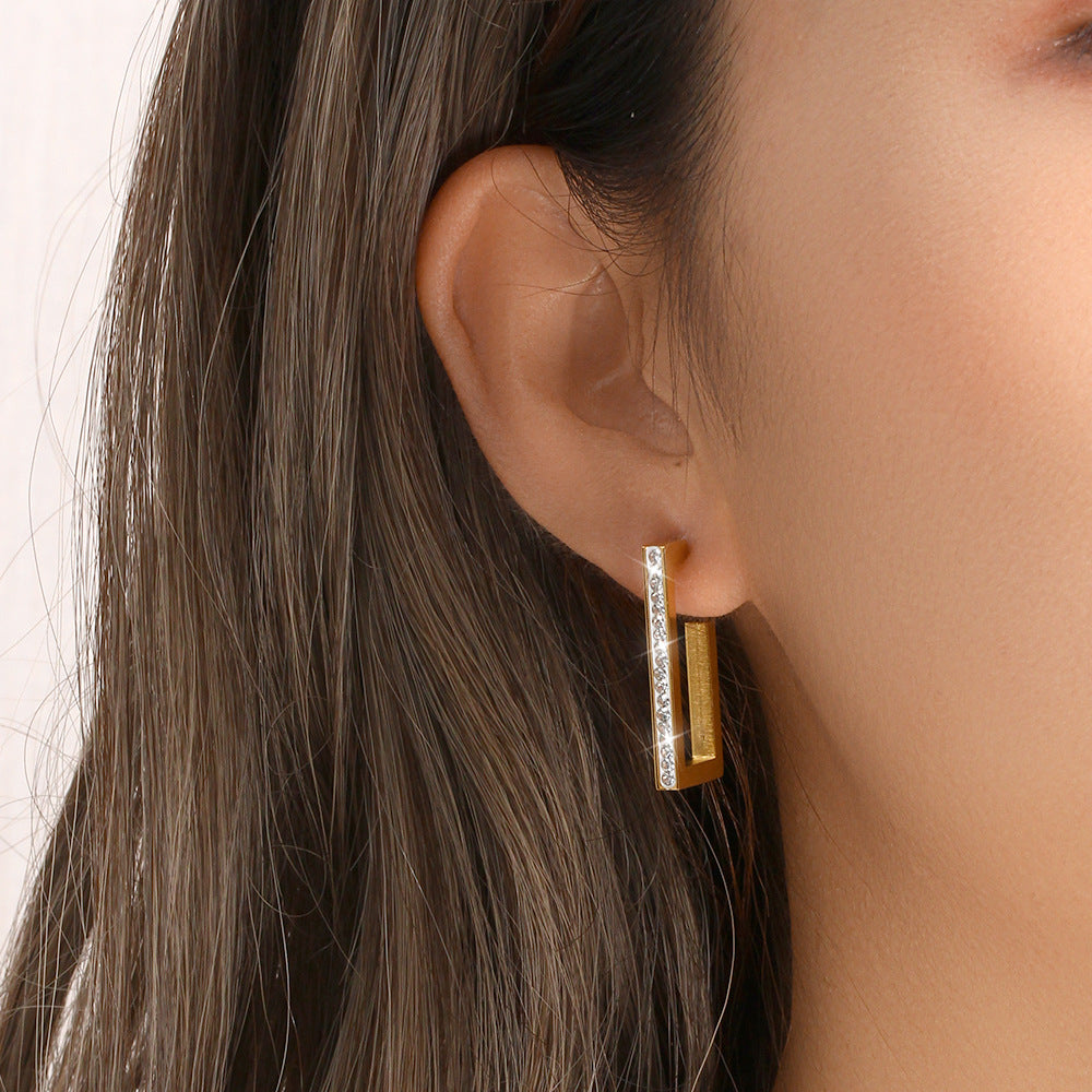 Minimalist Rectangular Stainless Steel Earrings with 18K Gold Plating and Rhinestone Inlay for Women