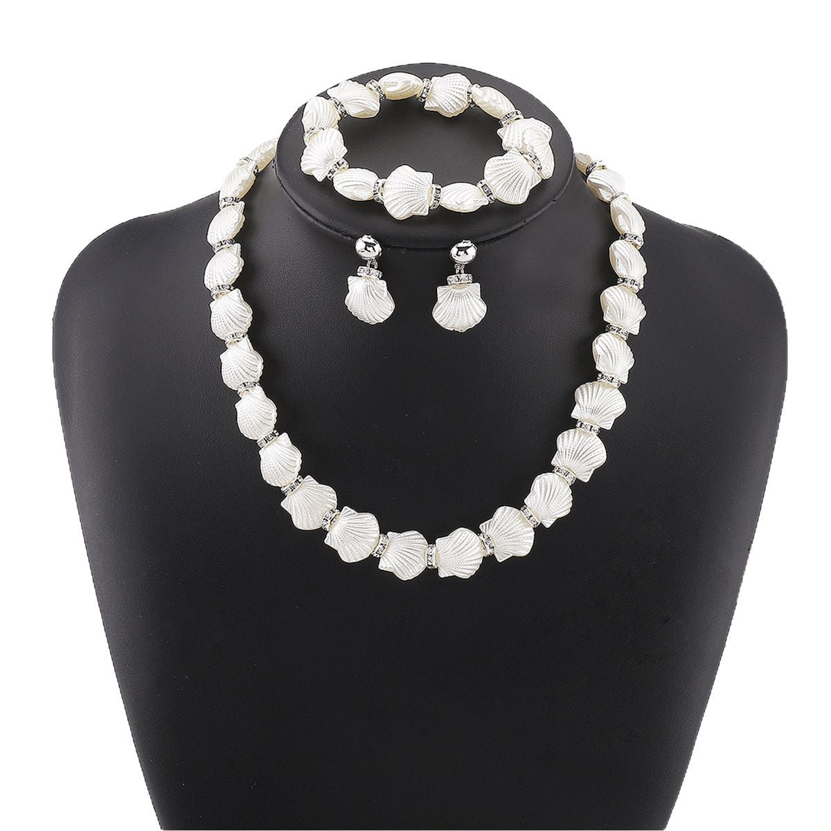 Elegante conjunto de joyas de perlas de estilo vintage francés con motivo de concha en aleación y resina con acabado chapado para mujer