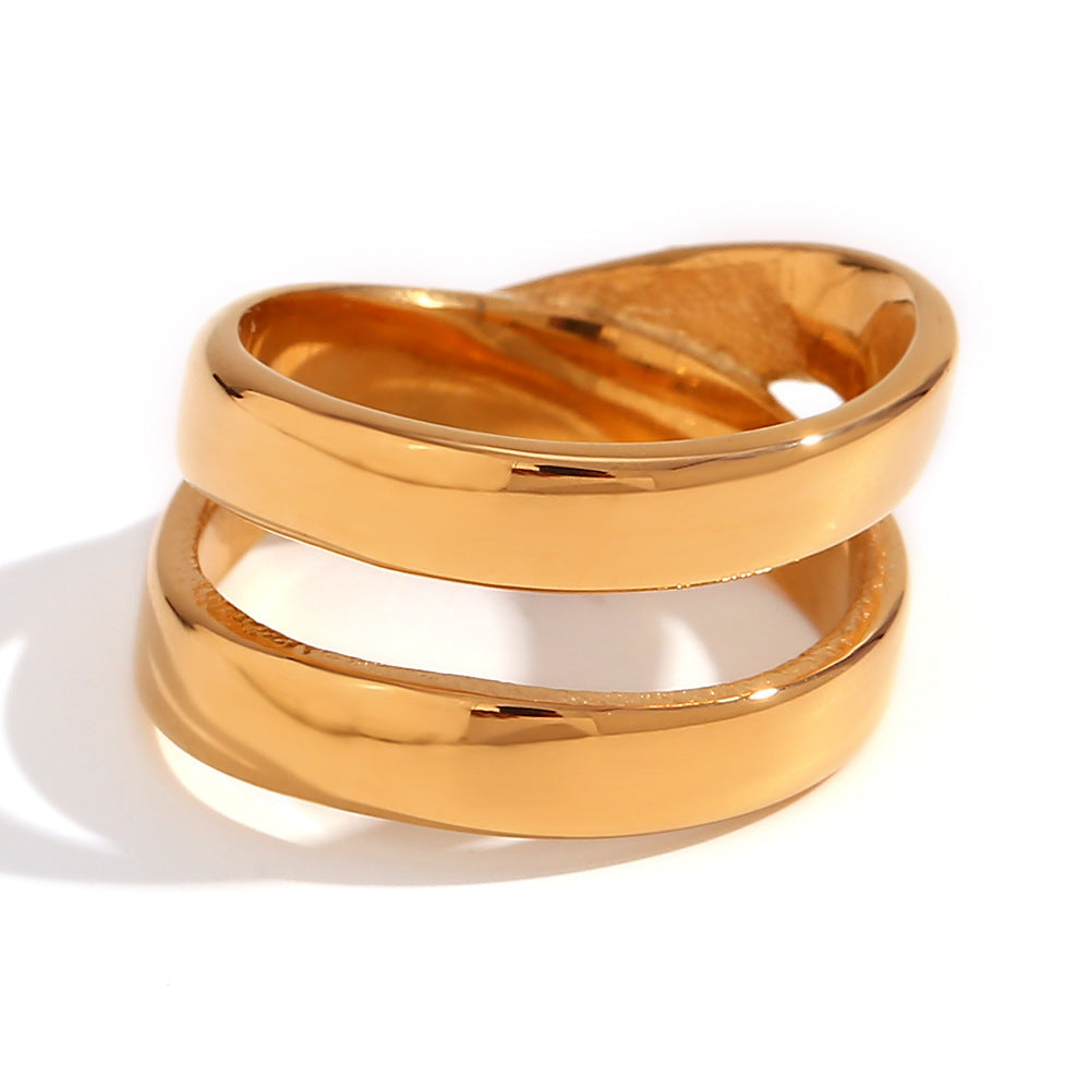 Minimalist Geometric Stainless Steel Plated 18K Gold Double Layer Cross Ring for Women