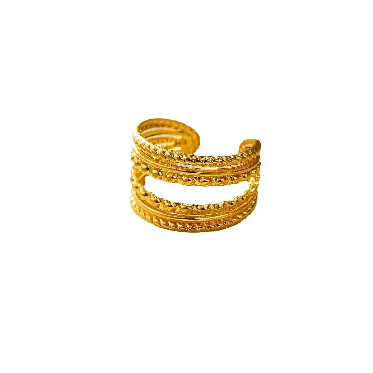 Anillo de mujer de titanio y acero con diseño geométrico minimalista, chapado en oro de 18 quilates y banda abierta de doble textura
