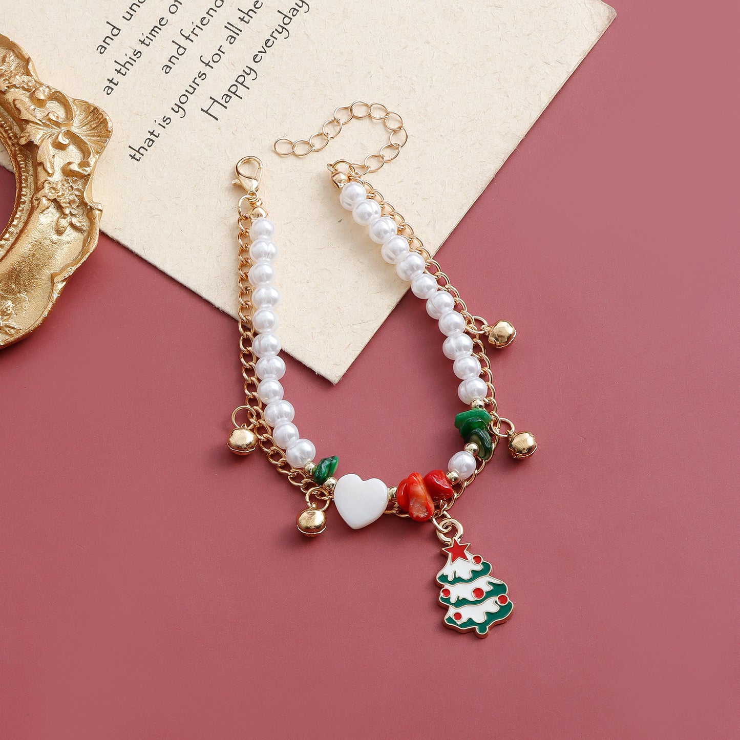 Original Design Christmas Tree and Heart Shaped Beaded Bracelet with Natural Stone and Pearl Accents, Dual-Layer Rope Bracelet with Plated Finish