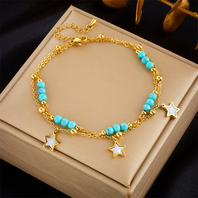 Fashion Retro Minimalist Stainless Steel Irregular Layered Anklet with Star Pendant and Beaded Chain