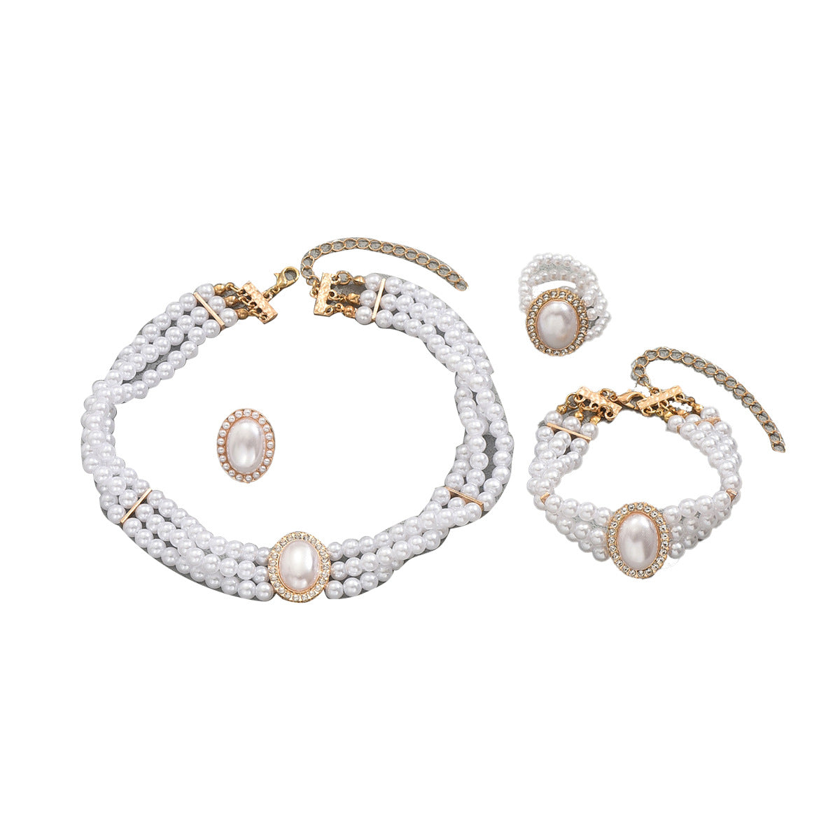 Set di Collana, Orecchini e Bracciale in Lega in Stile Geometrico con Strass e Catena di Perle da Donna