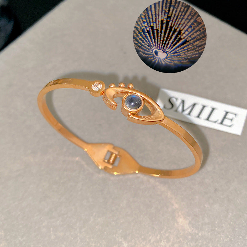 Rose Gold Plated Titanium Steel Evil Eye Projection Bracelet with 100 Languages I Love You Message Open Cuff
