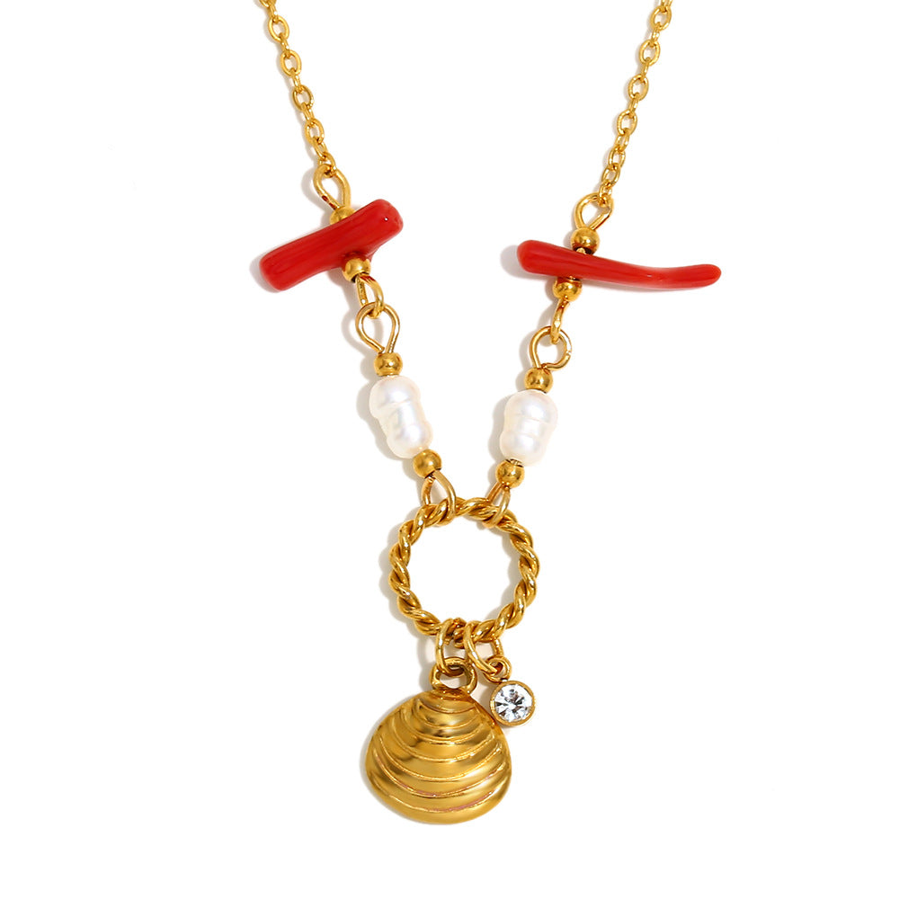 Collana con Pendente Geometrico d'Ispirazione Vintage da Donna in Acciaio Inossidabile con Placcatura in Oro 18K Design Creativo a Concha
