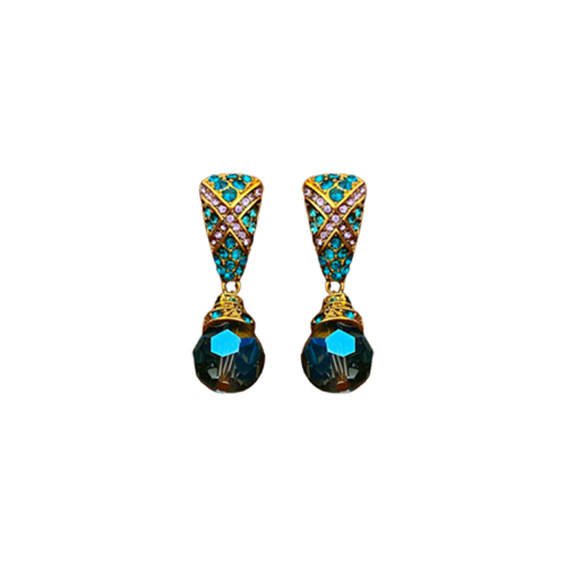 Vintage Geometric Blue Teardrop Earrings with Rhinestone Inlay in Alloy Base and Silver-Plated Steel Posts for Women