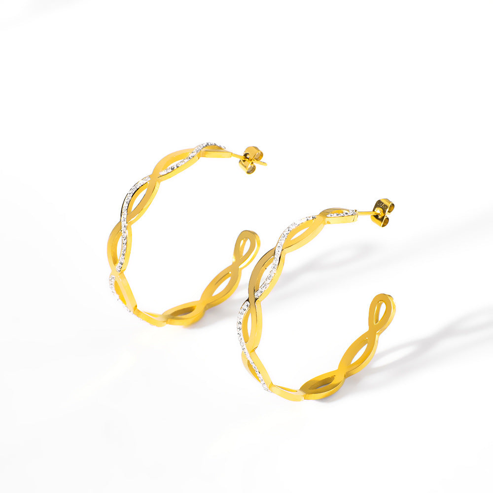 Minimalist Geometric Stainless Steel Earrings with 18K Gold Plating and Rhinestone Inlay for Women