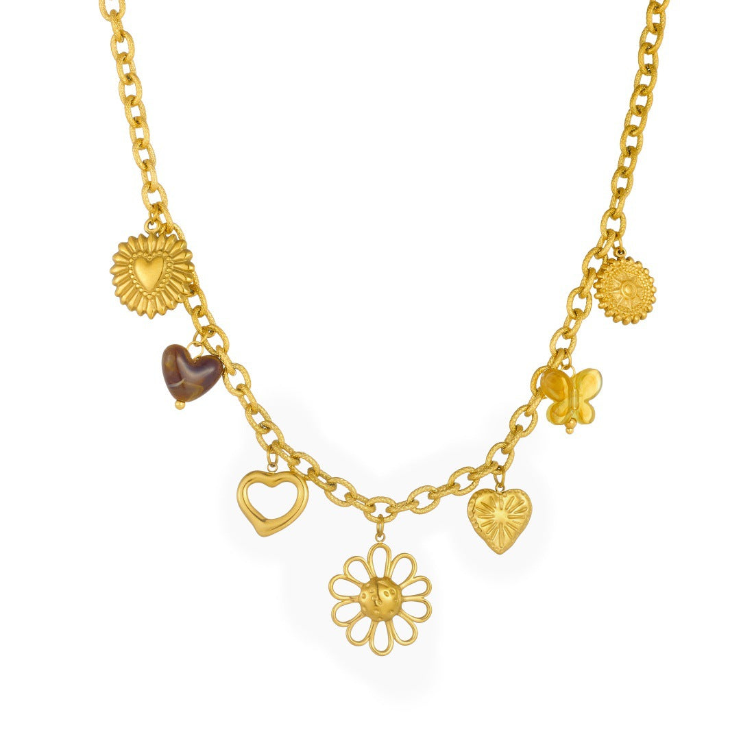 Vintage Gold Plated Hollow Sunflower Heart Compass Pendant Stainless Steel Necklace for Women