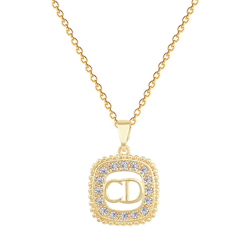 Sweet Square Letter Rhinestone Titanium Steel Necklace Unisex Cable Chain