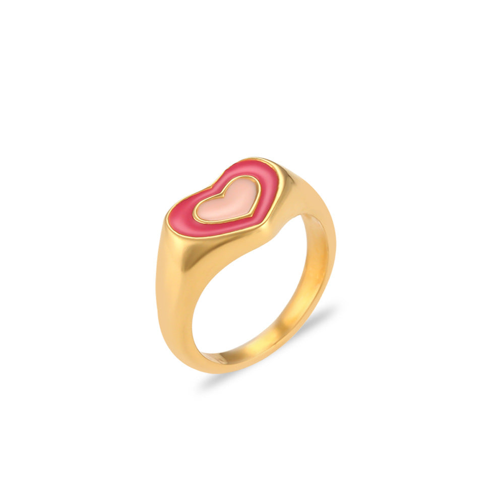 Anillo de acero inoxidable con forma de corazón a la moda con revestimiento de esmalte para mujer
