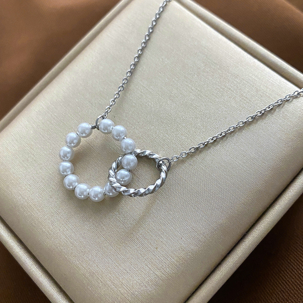 Minimalist Geometric Double Ring Titanium Steel Necklace with Pearl Accents for Women