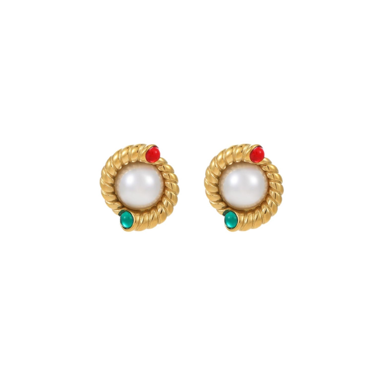 Pendientes de acero inoxidable redondos trenzados de estilo vintage con incrustaciones de perlas y detalles de piedra natural
