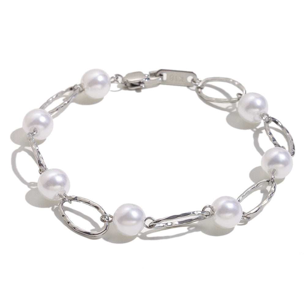 Bracciale da donna in acciaio inossidabile placcato oro 18 carati con perle finte, geometrico e minimalista