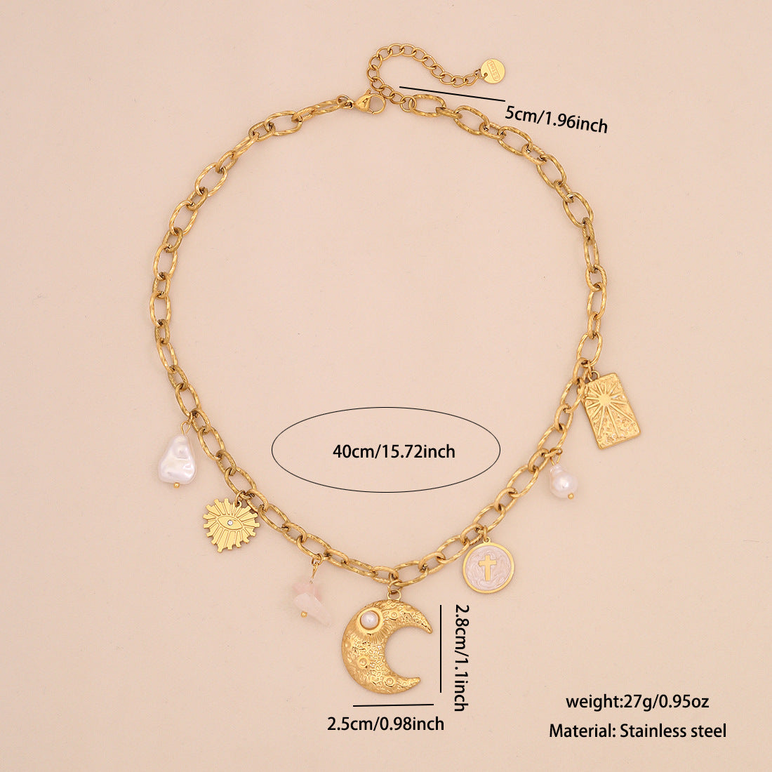 Personalized Star and Moon Colorful Glass Imitation Pearl Stainless Steel Necklace