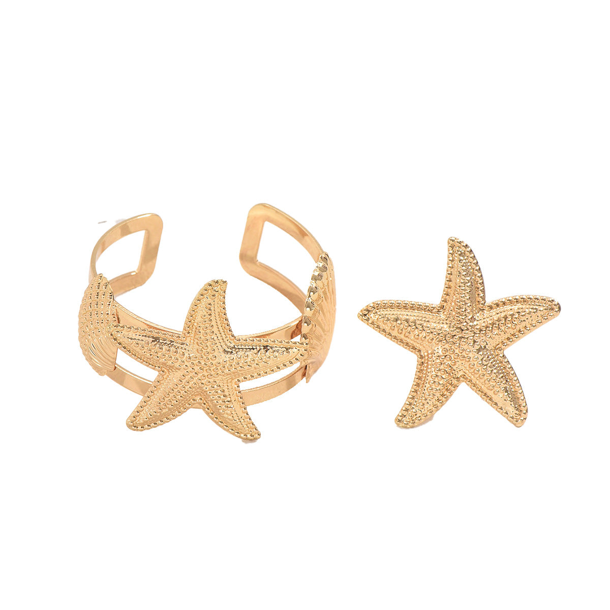 Conjunto de anillos de pulsera abierta de estrella de mar y conchas marinas de moda, inspirados en el océano, para mujer, de aleación con acabado chapado