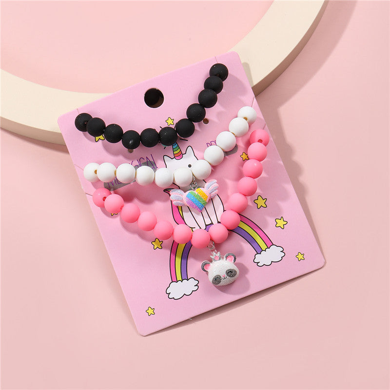 Cute Candy-Colored Beaded Bracelet with Cartoon Unicorn Pendant for Girls Children Sweet Animal-Shaped Resin Plastic Jewelry Set