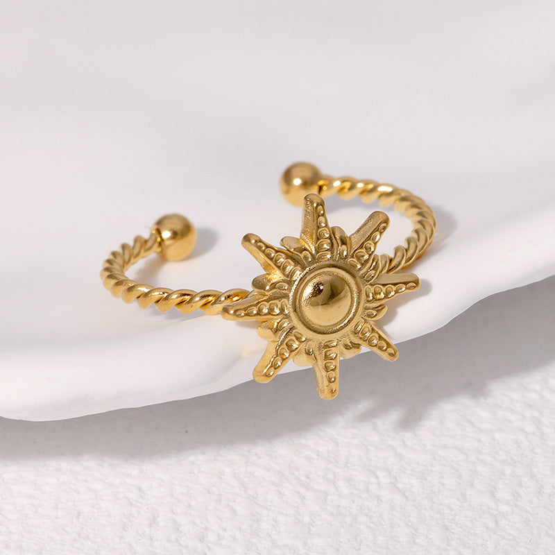 Fashionable Sun-Shaped Open-Ended Stainless Steel Ring for Women with Plated Finish