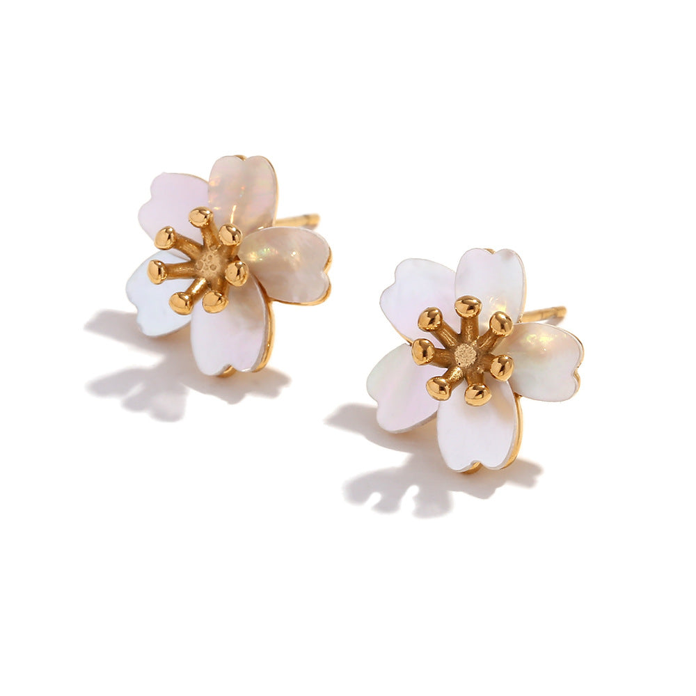 Vintage-Inspired Floral Cherry Blossom Ear Studs for Women Made of Stainless Steel with 18K Gold Plating and Natural Mother-of-Pearl Inlay