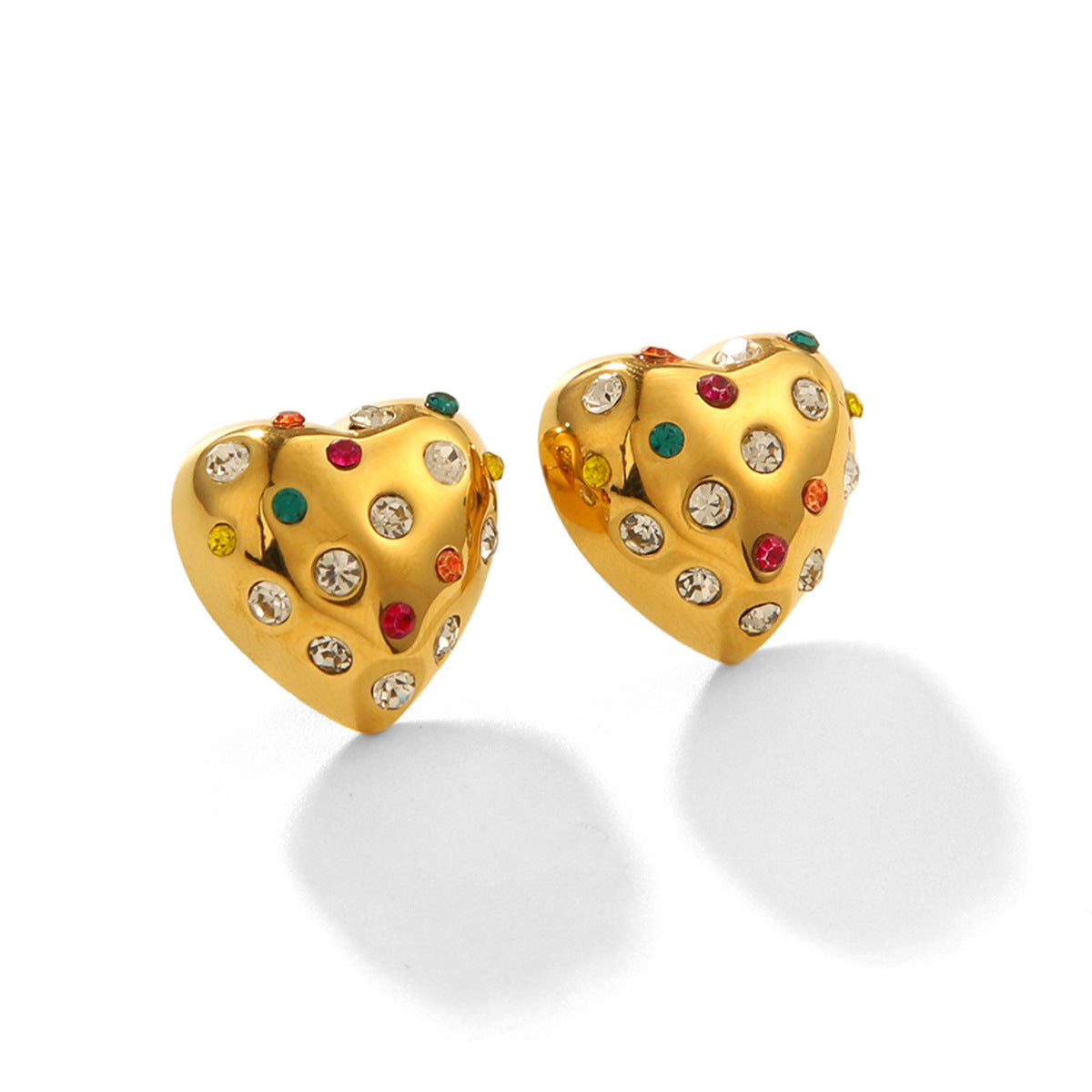 Pendientes de mujer de acero inoxidable chapados en oro de 18 quilates con forma de corazón y circonitas de colores
