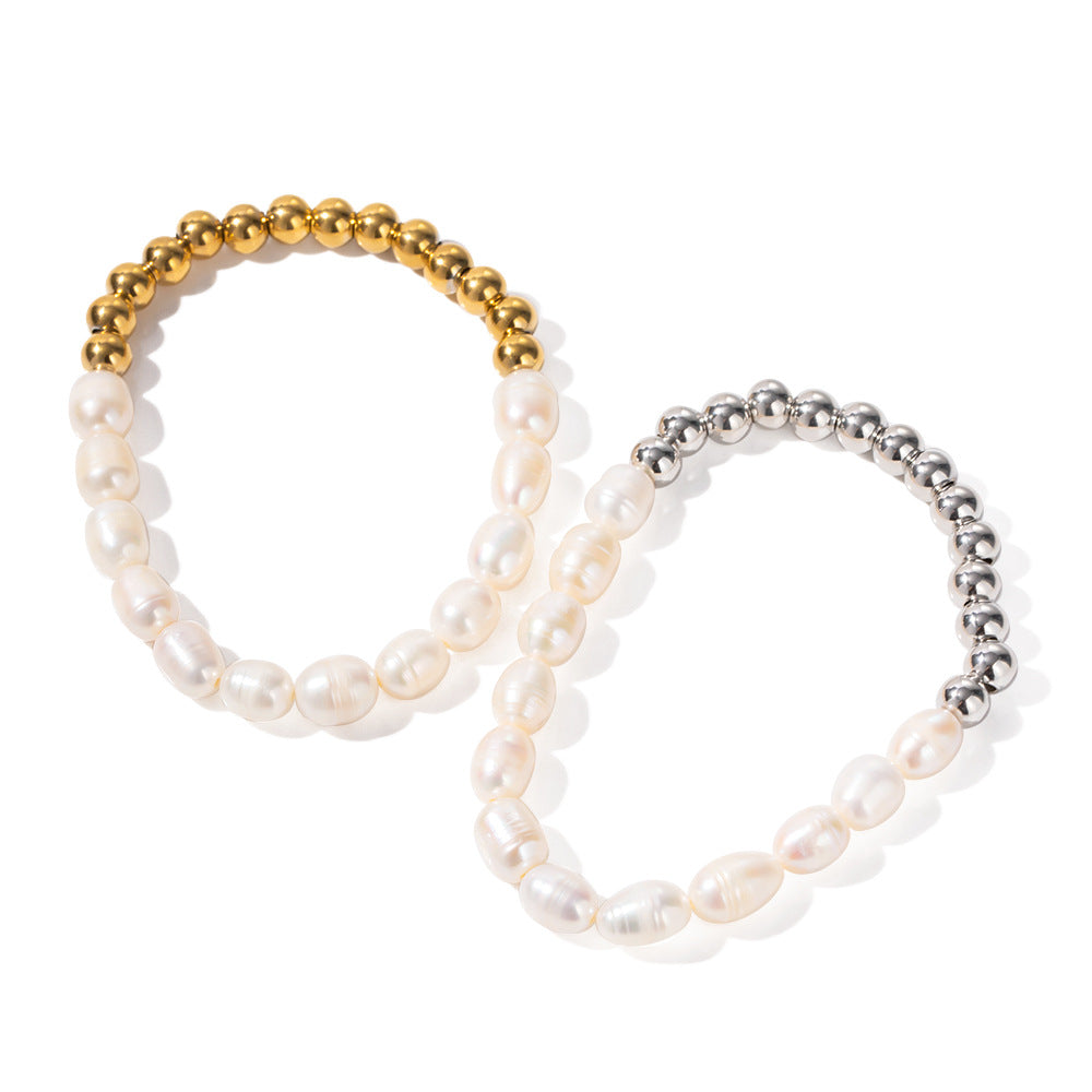 Bracciale da donna stile INS con perle d'acqua dolce e catena placcata oro 16K in acciaio inossidabile geometrico