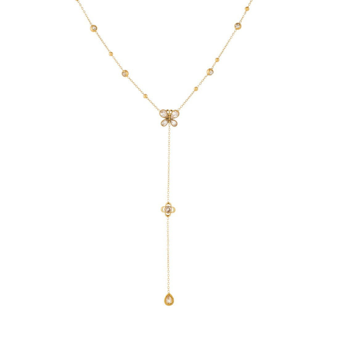 Elegant Gold Plated Stainless Steel Butterfly Rose Teardrop Pendant Necklace with Rhinestones for Women