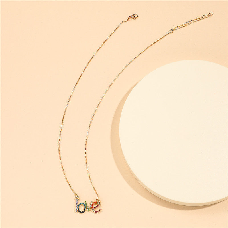 Cartoon Style Letter Shape Alloy Necklace with Rhinestone Inlay for Kids, Rainbow Colored Love Pendant on O-Chain