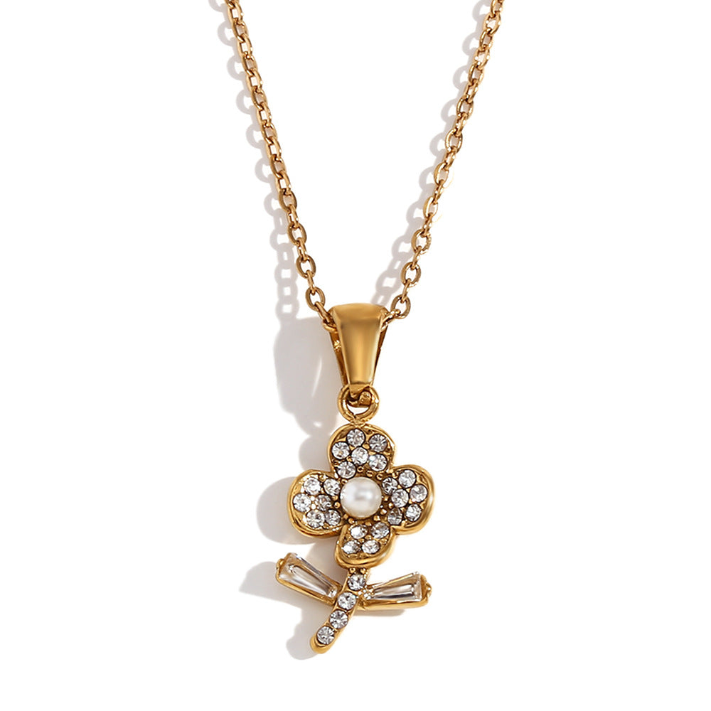 Fashionable Floral Pendant Necklace for Women Stainless Steel with 18K Gold Plating and Rhinestone Accents