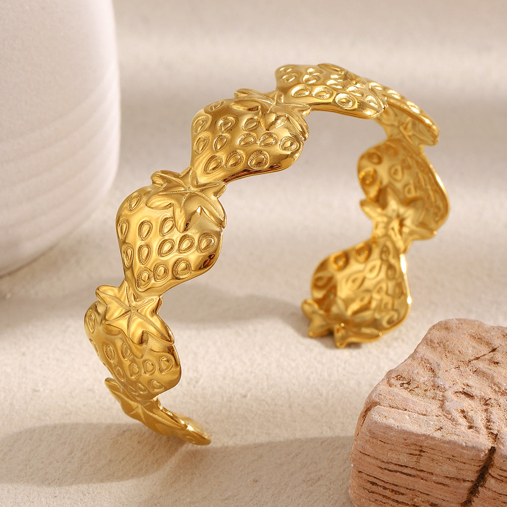 Minimalist Geometric Open Bangle Bracelet in Stainless Steel with 18K Gold Plating and Strawberry Charm